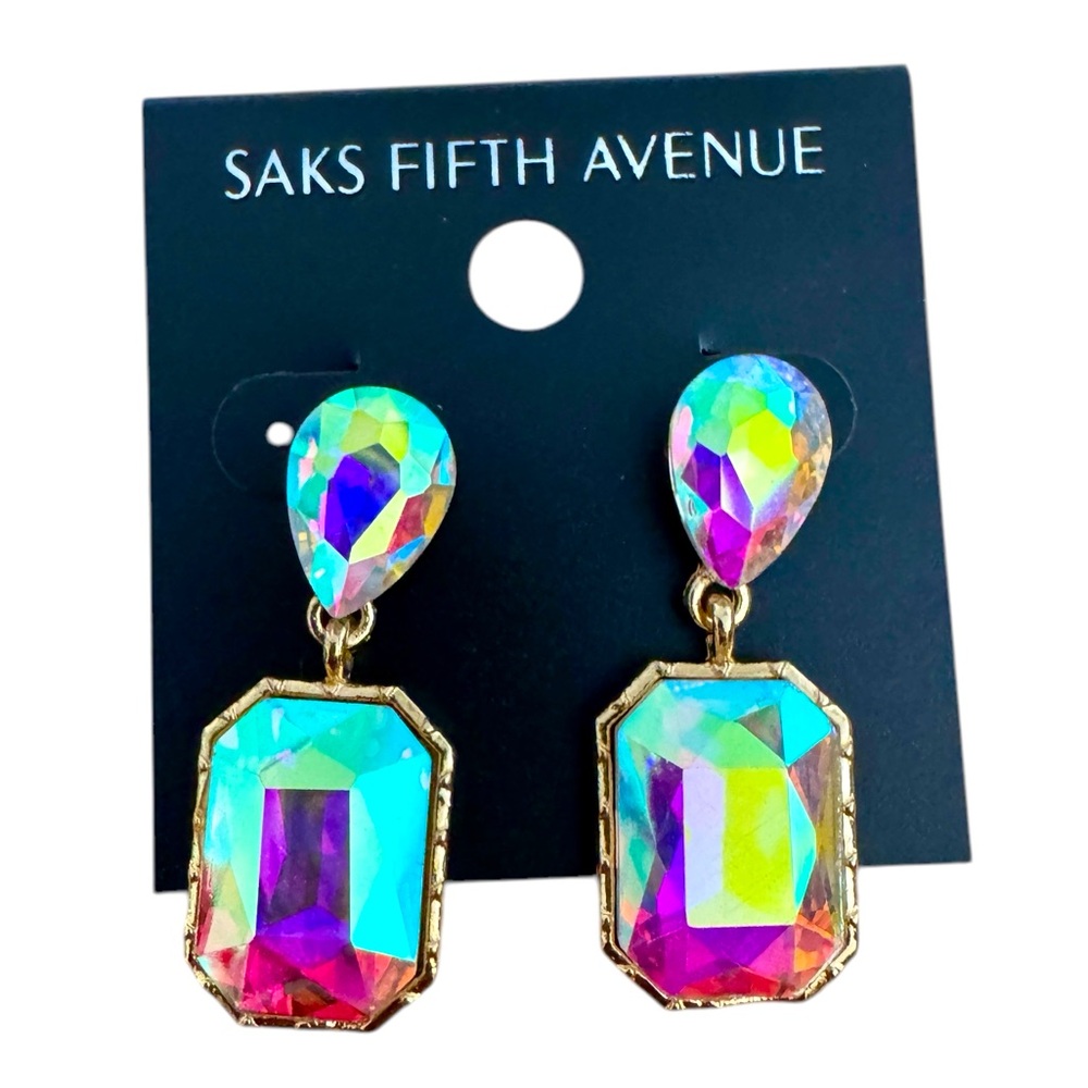 Saks Fifth Avenue Aurora Borealis Faceted Crystal Dangle Statement Earrings New